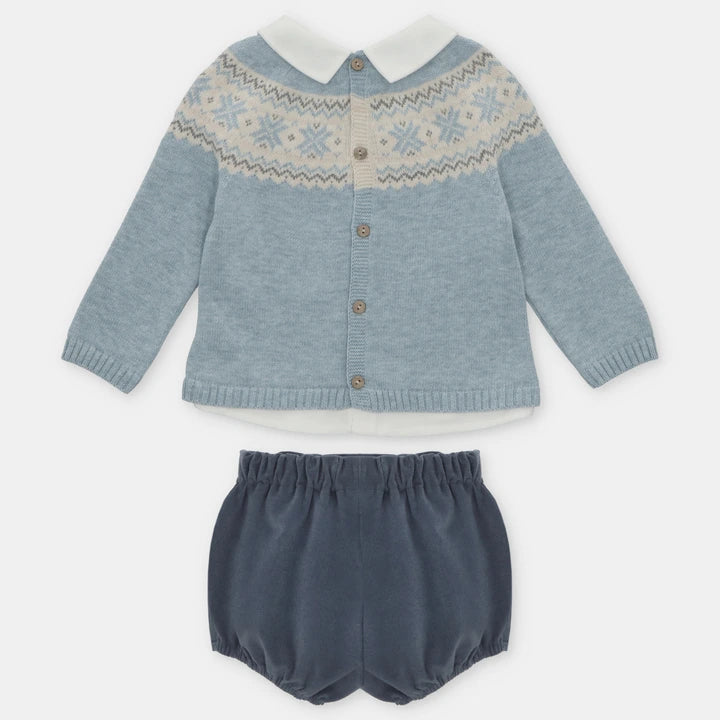 boys sky christmas jumper and shorts set back view