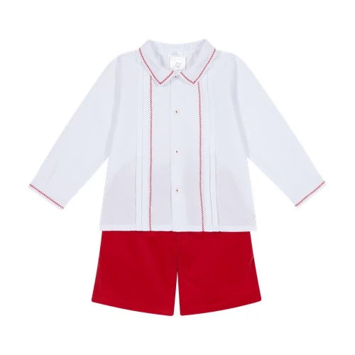 deolinda red piping shirt and red short set for boys