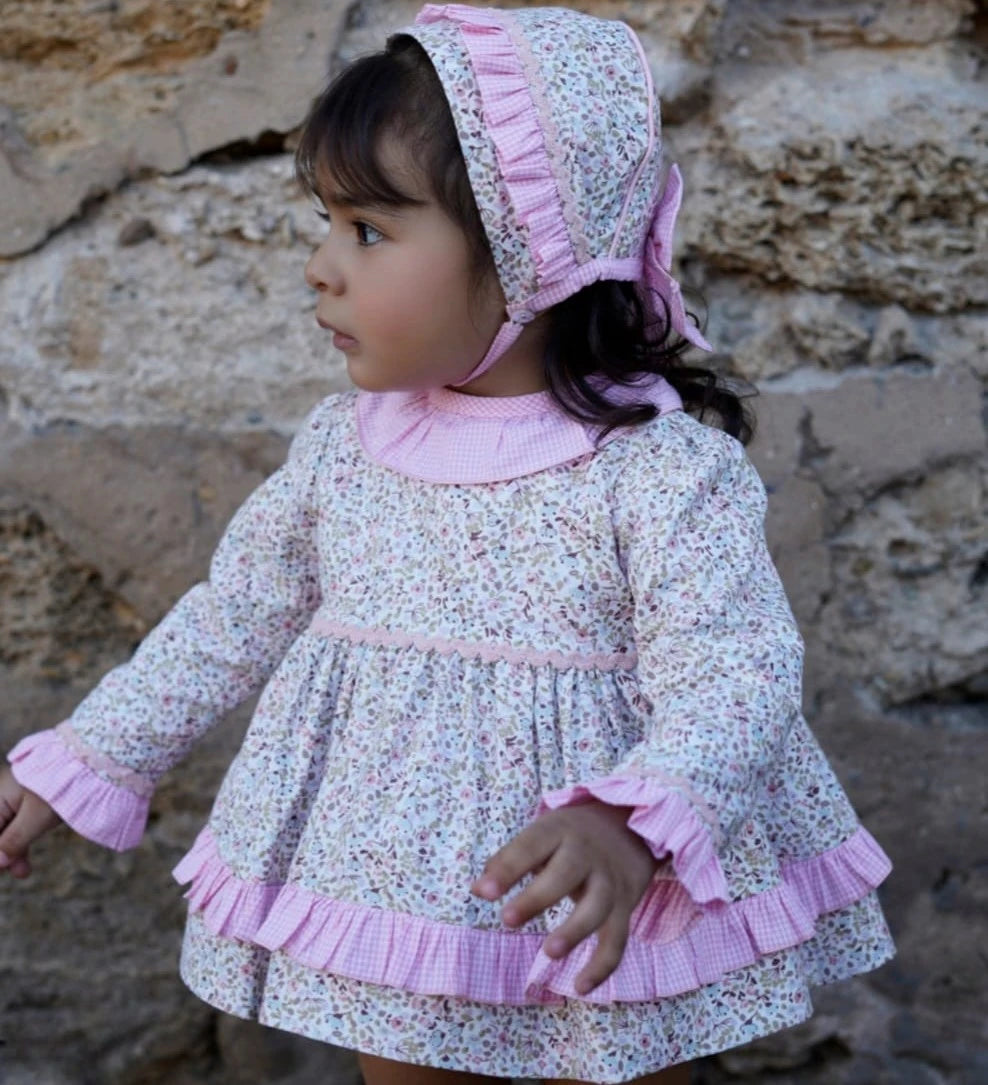 Pink gingham frills and cuff, and ditsy floral dress