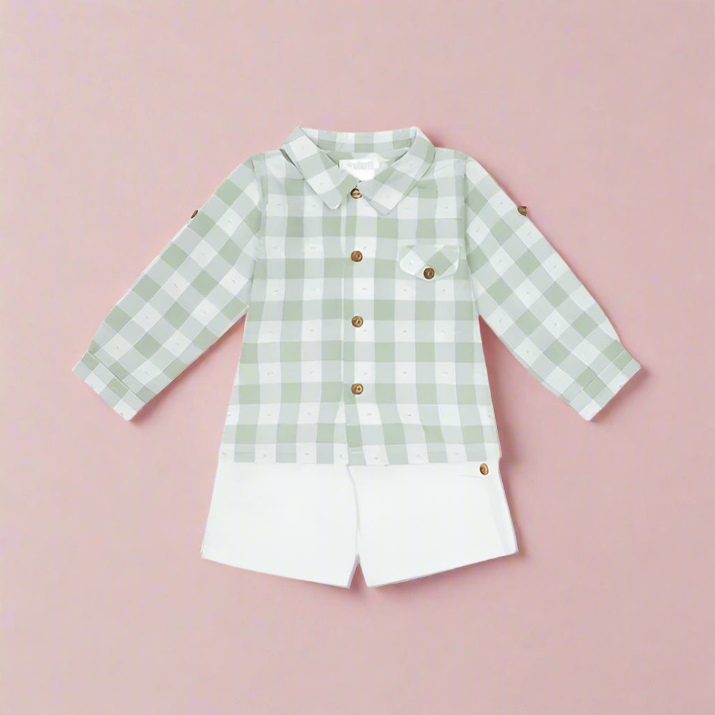 boys green gingham shirt and white shorts set by deolinda