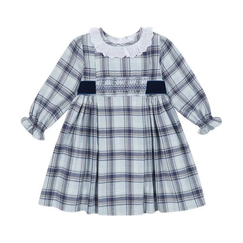 deolinda tartan dress with frill collar and smocked waist