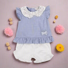 girls blue top and white shorts by Mintini baby