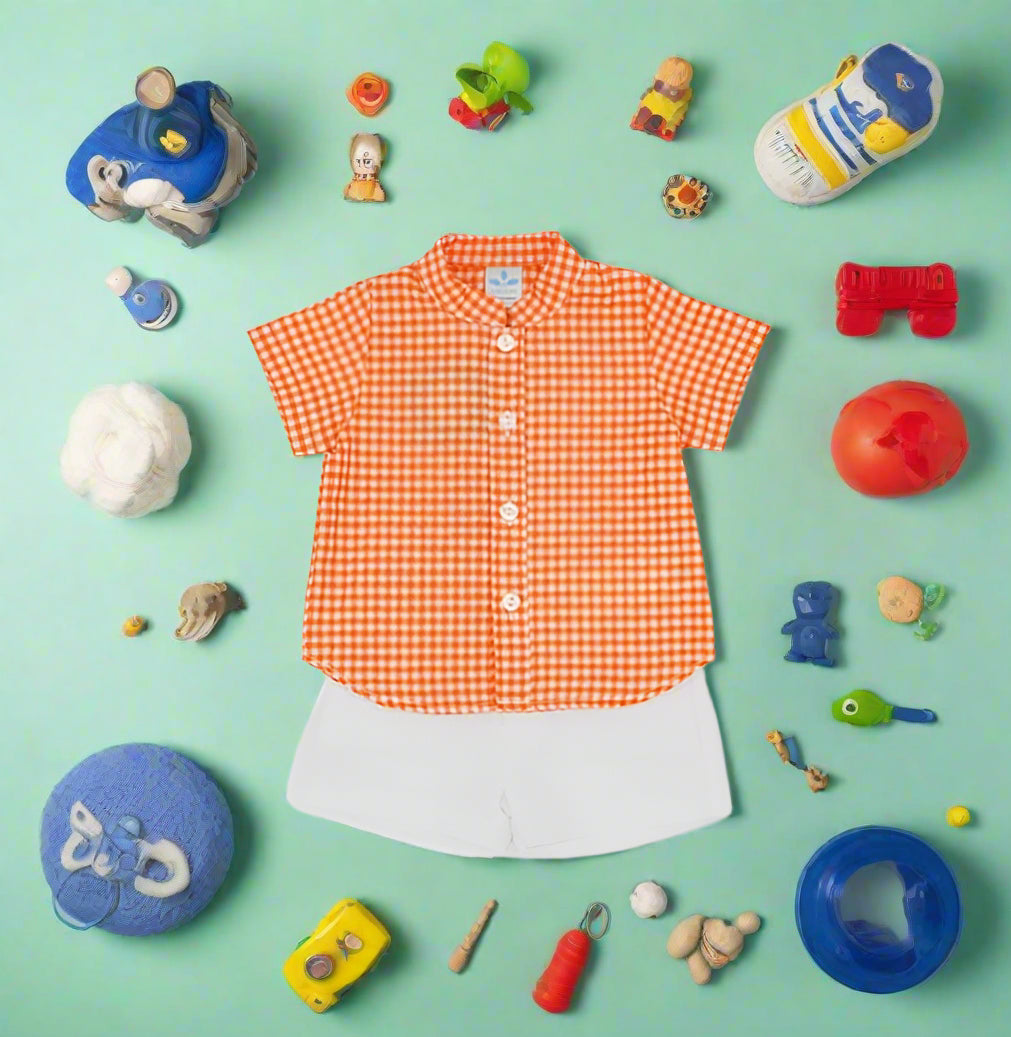 sardon boys orange check shirt and shorts set